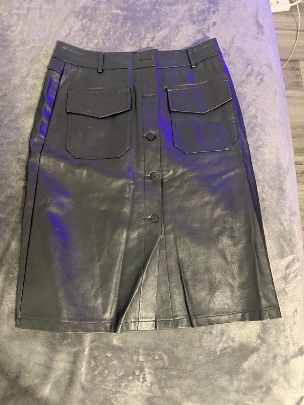Black Faux Leather Button-Front Pencil Skirt
